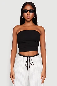 Womens Side Ruched Cropped Tube Top, Black, Size L