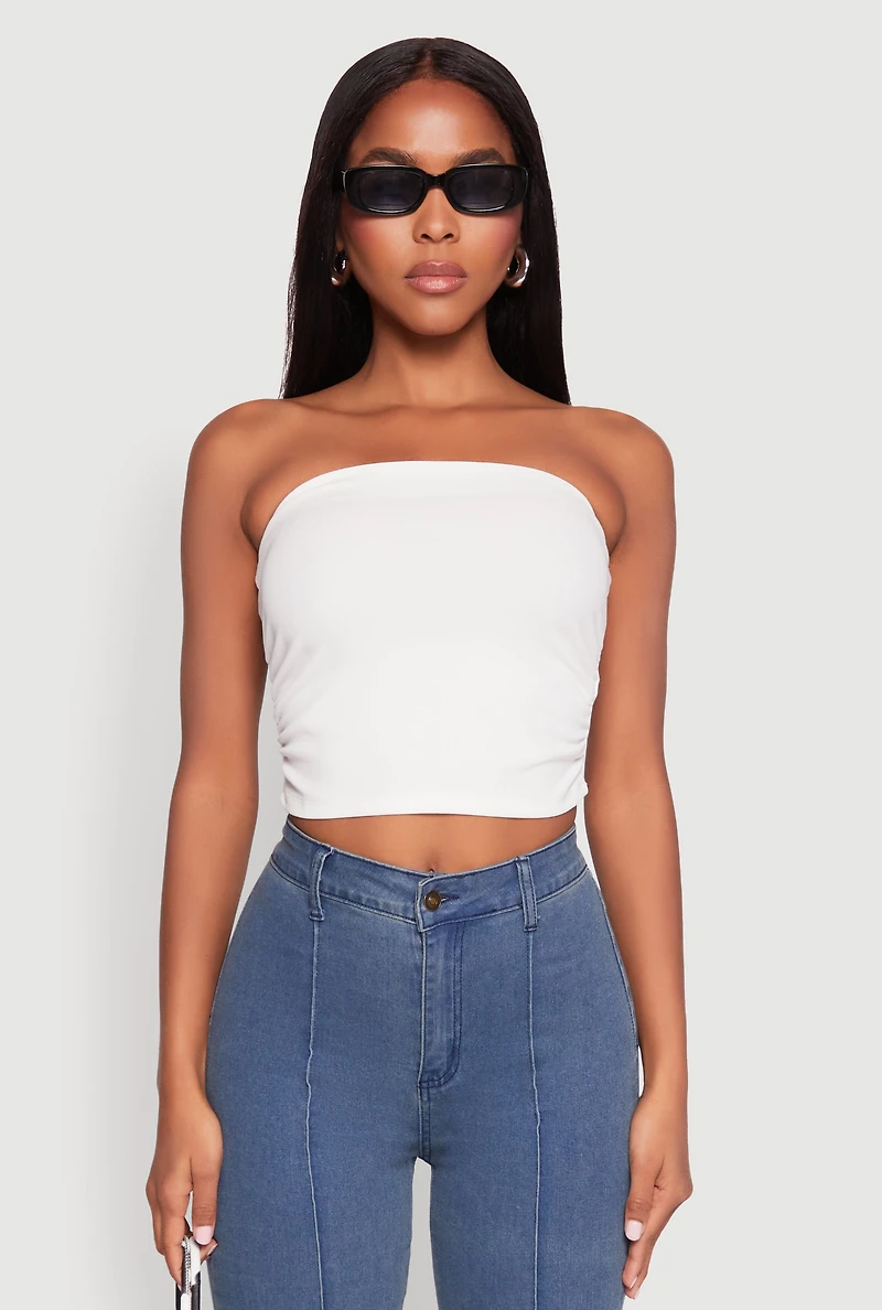 Womens Side Ruched Cropped Tube Top, White, Size M