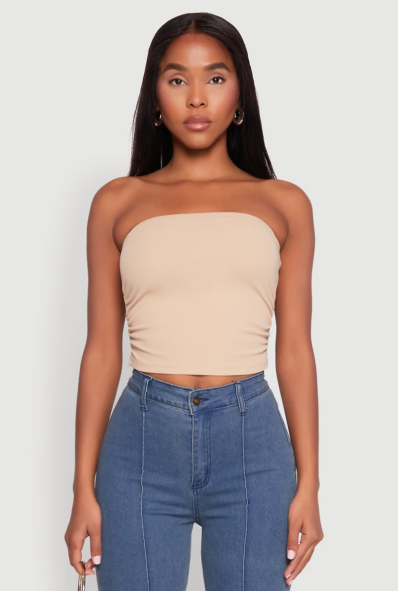 Womens Side Ruched Cropped Tube Top, Beige, Size L