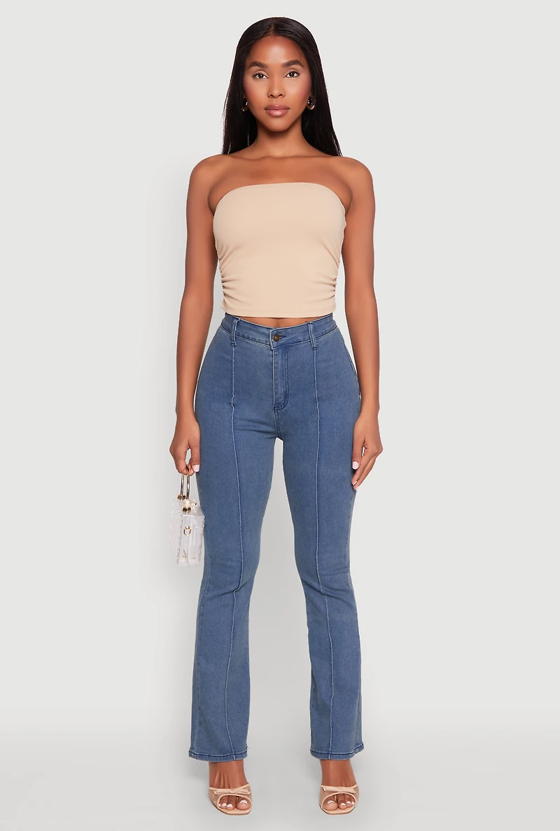 Womens Side Ruched Cropped Tube Top, Beige, Size L