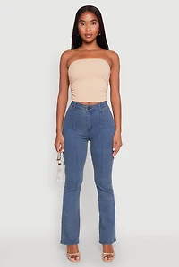 Womens Side Ruched Cropped Tube Top, Beige, Size L
