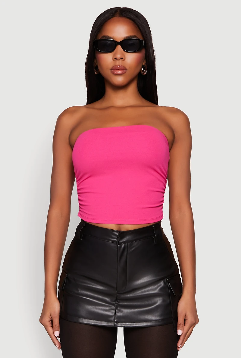 Womens Side Ruched Cropped Tube Top, Pink, Size M