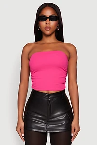 Womens Side Ruched Cropped Tube Top, Pink, Size M