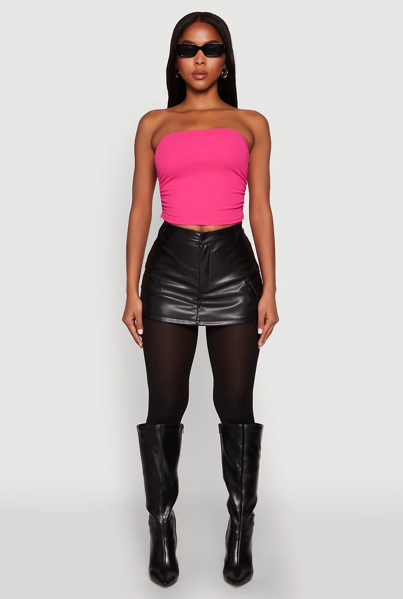 Womens Side Ruched Cropped Tube Top, Pink, Size M