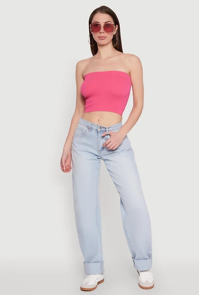 Womens Ribbed Knit Seamless Tube Top, Pink, Size M-L