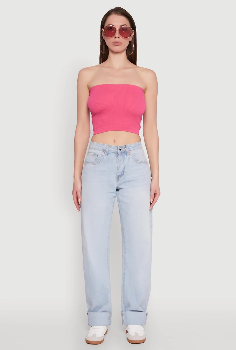 Womens Ribbed Knit Seamless Tube Top, Pink, Size M-L
