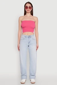 Womens Ribbed Knit Seamless Tube Top, Pink, Size M-L