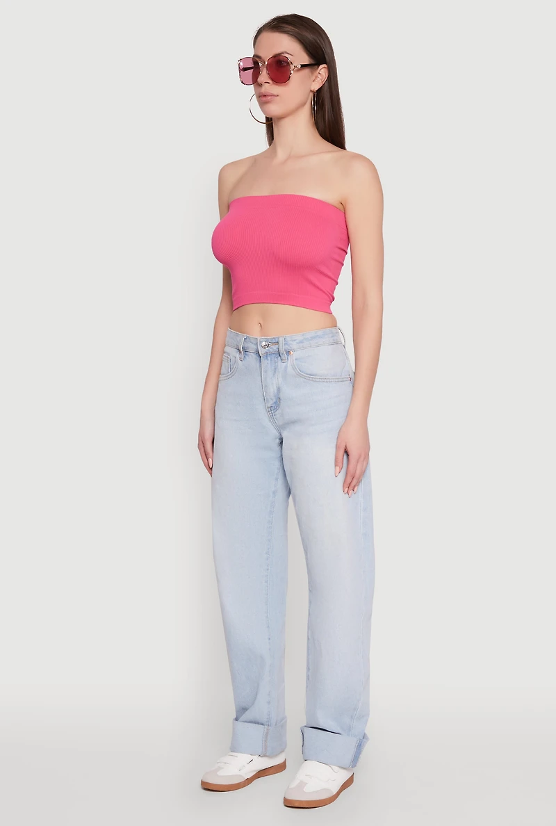 Womens Ribbed Knit Seamless Tube Top, Pink, Size S-M