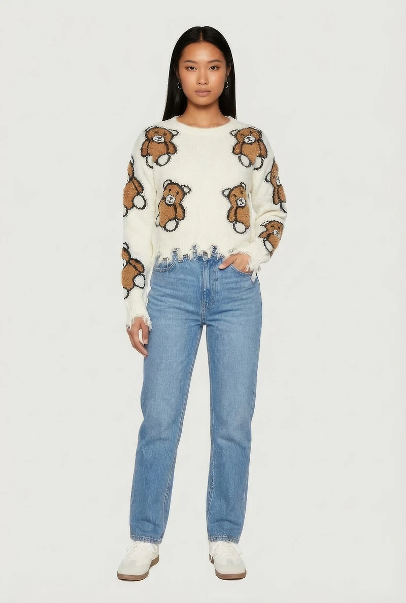 Boucle Teddy Bear Distressed Long Sleeve Crew Neck Sweater