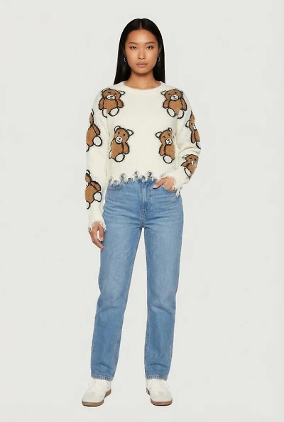 Boucle Teddy Bear Distressed Long Sleeve Crew Neck Sweater