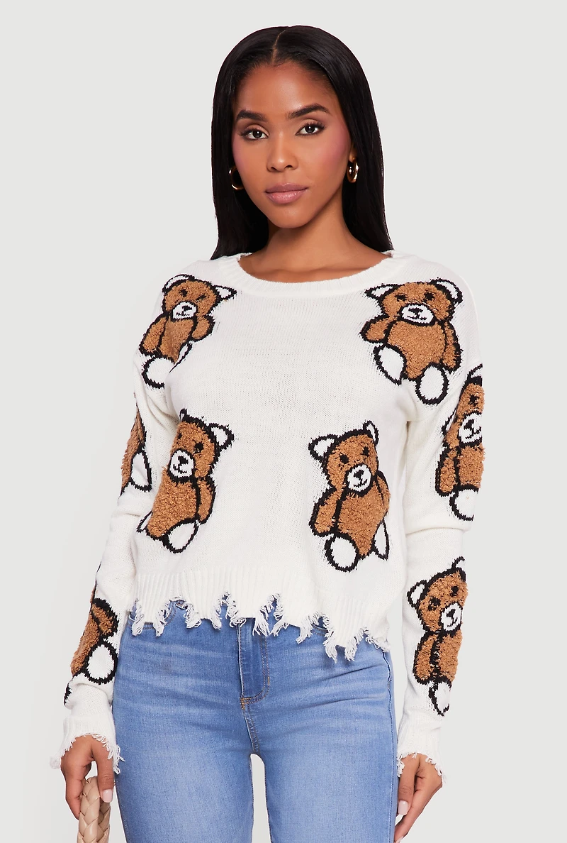 Boucle Teddy Bear Distressed Long Sleeve Crew Neck Sweater
