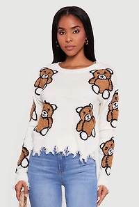 Boucle Teddy Bear Distressed Long Sleeve Crew Neck Sweater