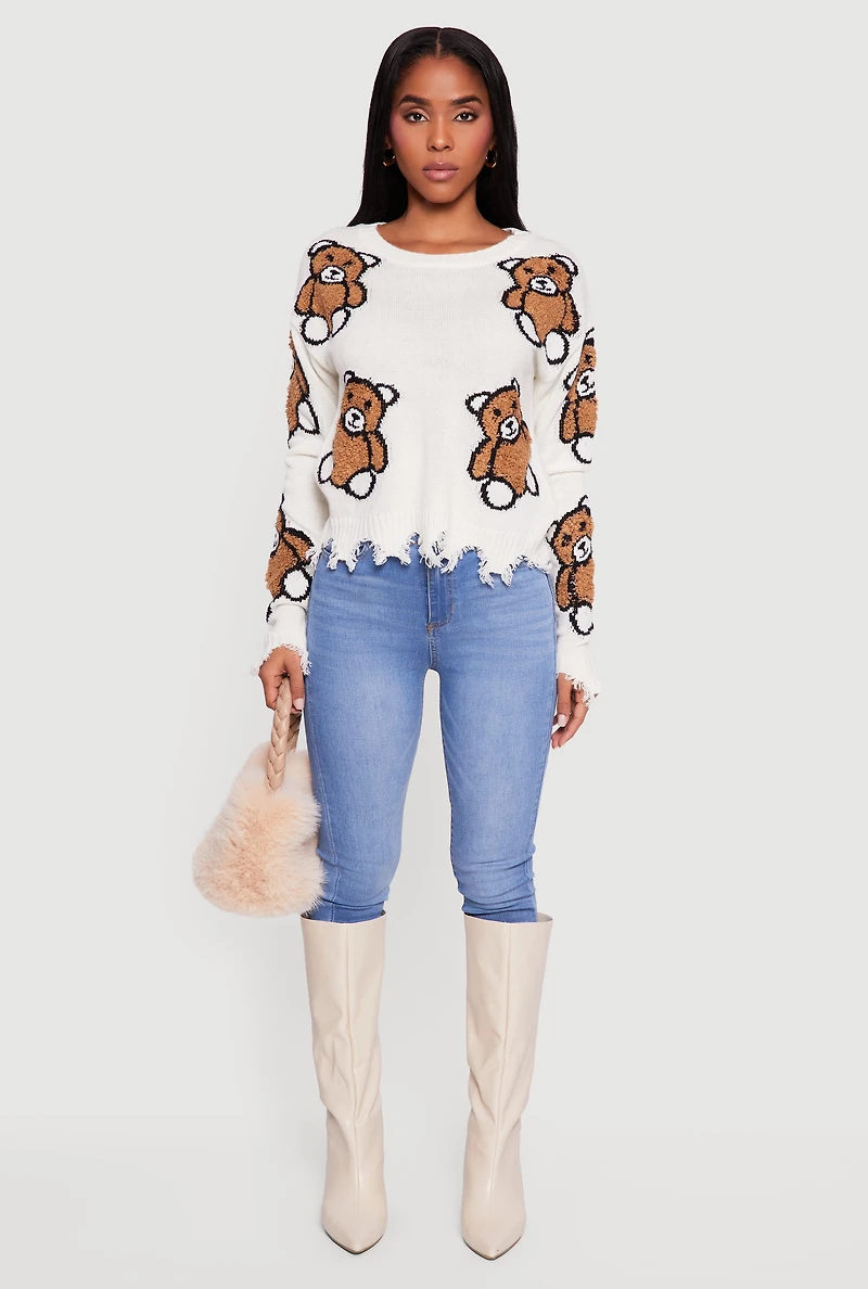 Boucle Teddy Bear Distressed Long Sleeve Crew Neck Sweater