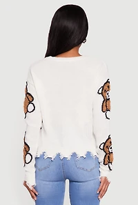 Boucle Teddy Bear Distressed Long Sleeve Crew Neck Sweater
