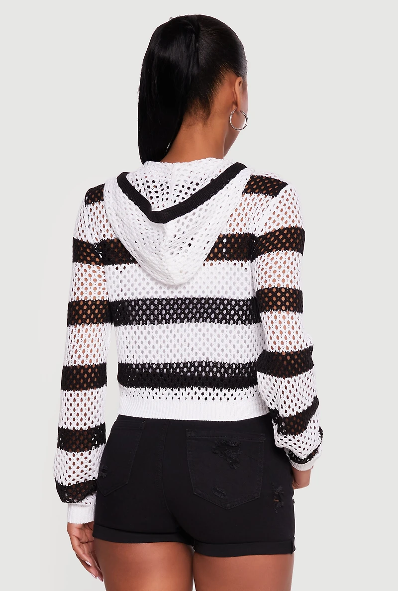 Crochet Striped Hooded Long Sleeve Top