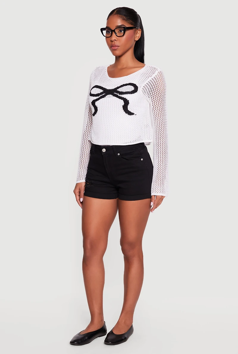 Bow Graphic Crochet Long Sleeve Top