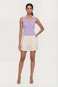 Rib Knit Button Front Collared Blouse