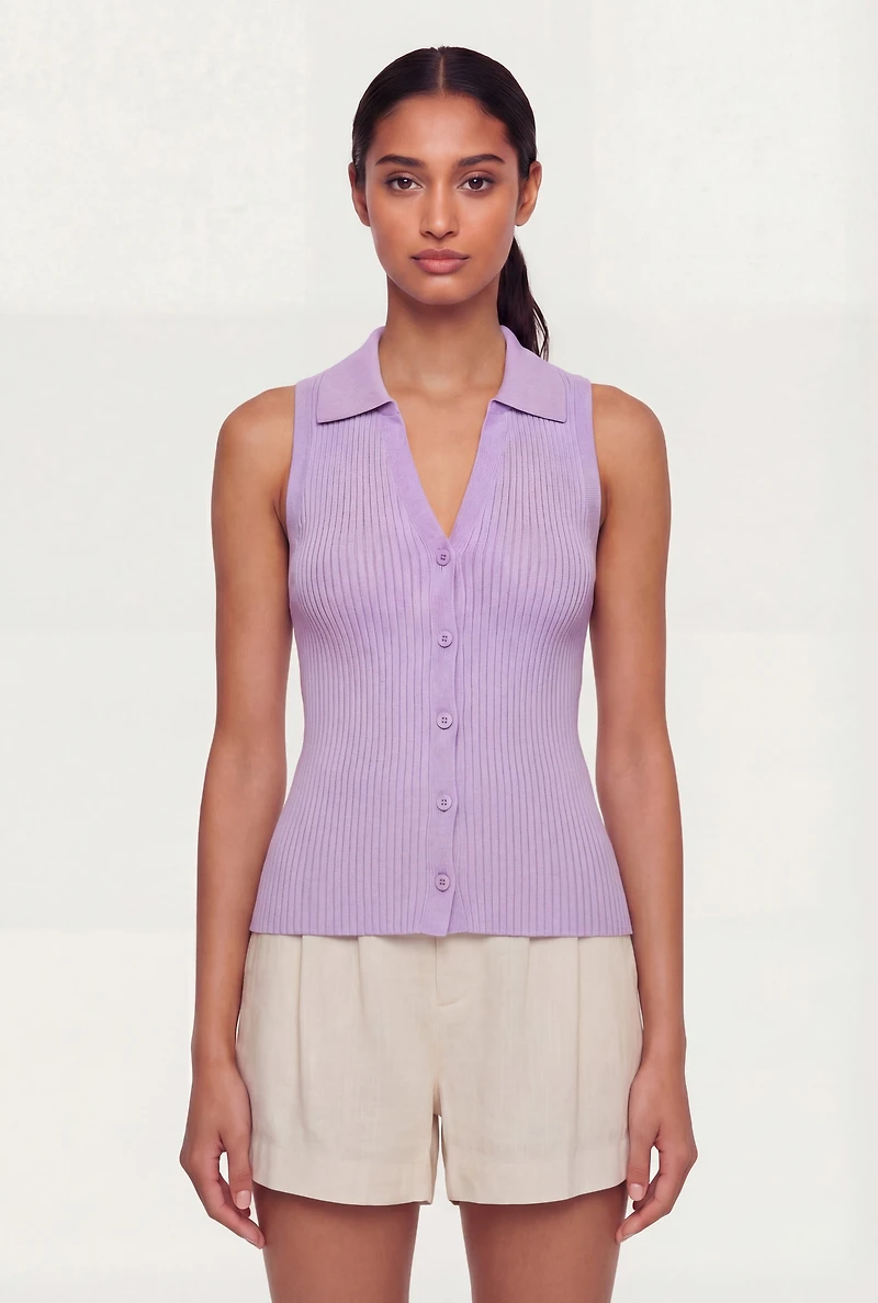 Rib Knit Button Front Collared Blouse