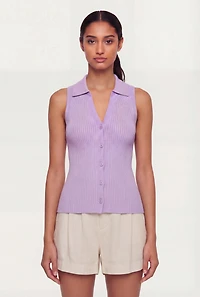 Rib Knit Button Front Collared Blouse