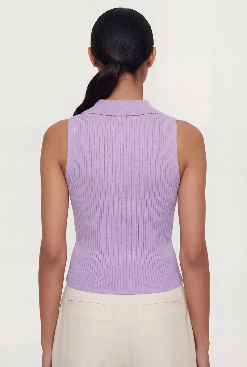 Rib Knit Button Front Collared Blouse