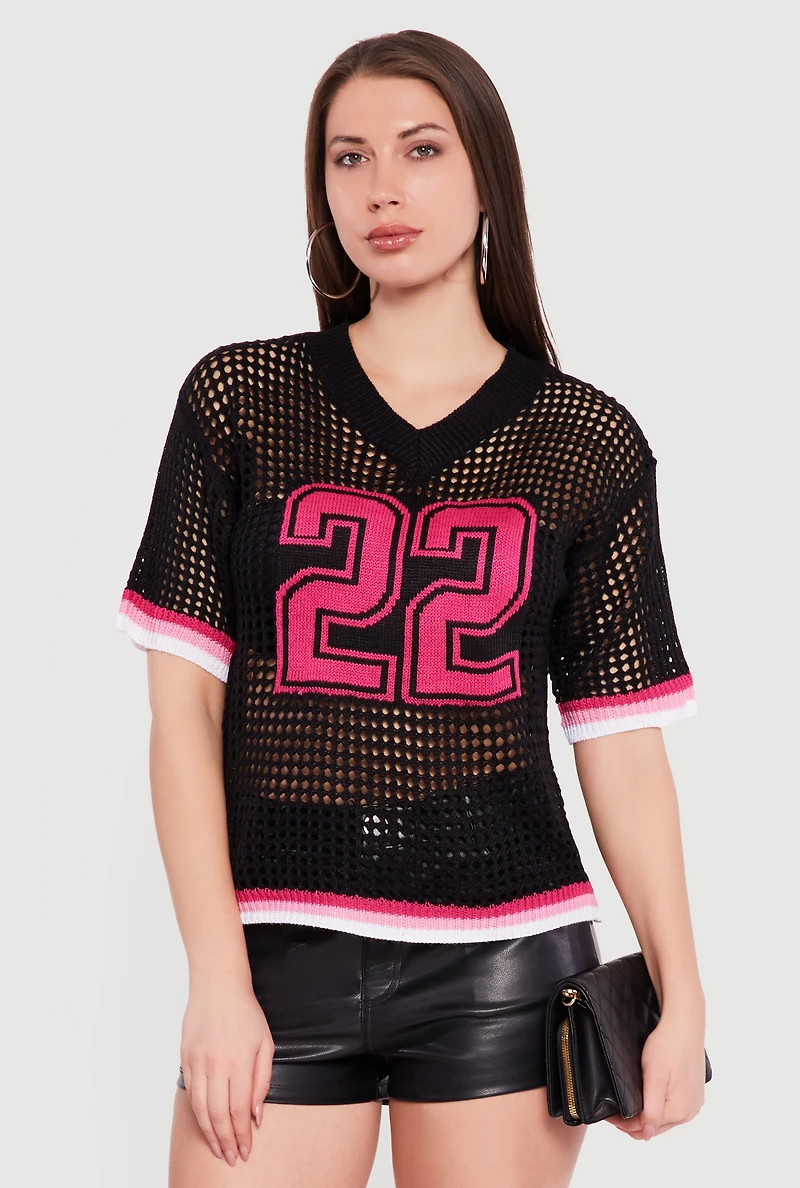 Graphic Short Sleeve Crochet Knit Jersey