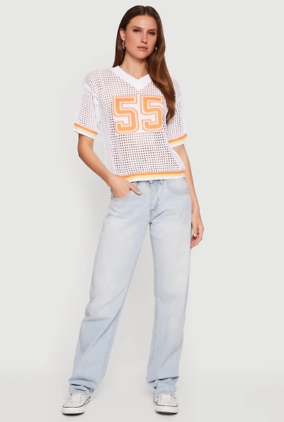 Graphic Short Sleeve Crochet Knit Jersey