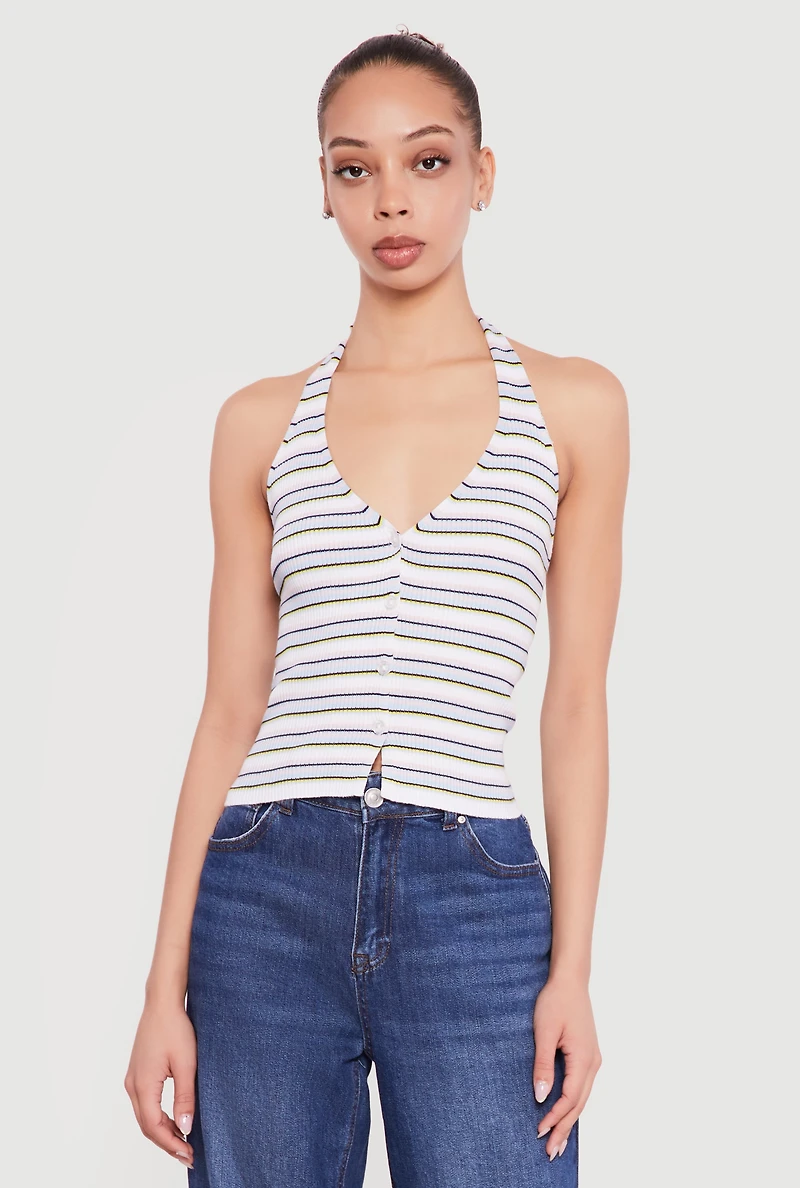 Striped Rib Knit Button Front Halter Top