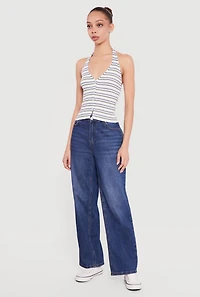 Striped Rib Knit Button Front Halter Top