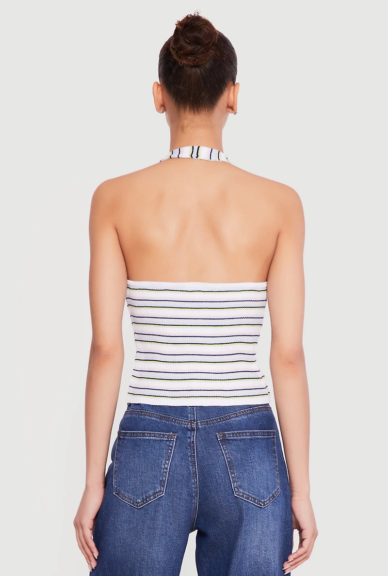 Striped Rib Knit Button Front Halter Top