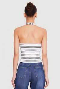 Striped Rib Knit Button Front Halter Top