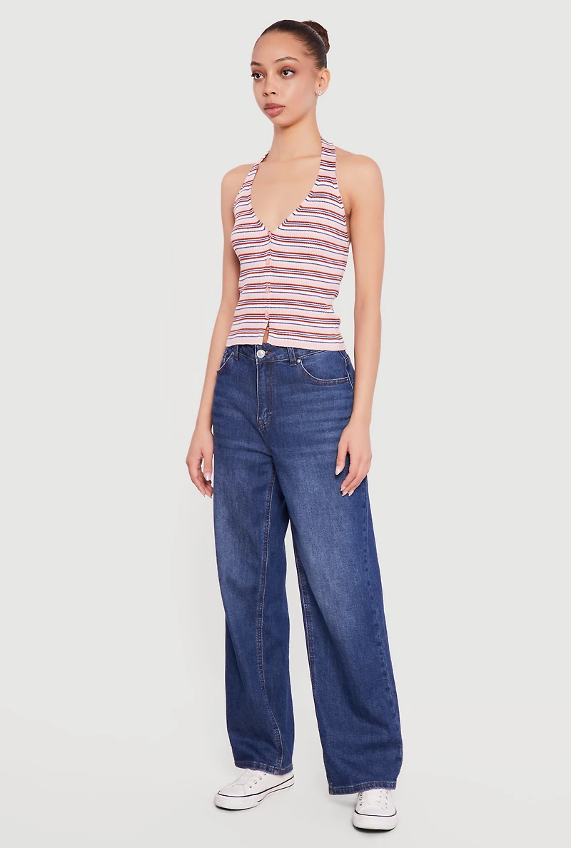 Striped Rib Knit Button Front Halter Top