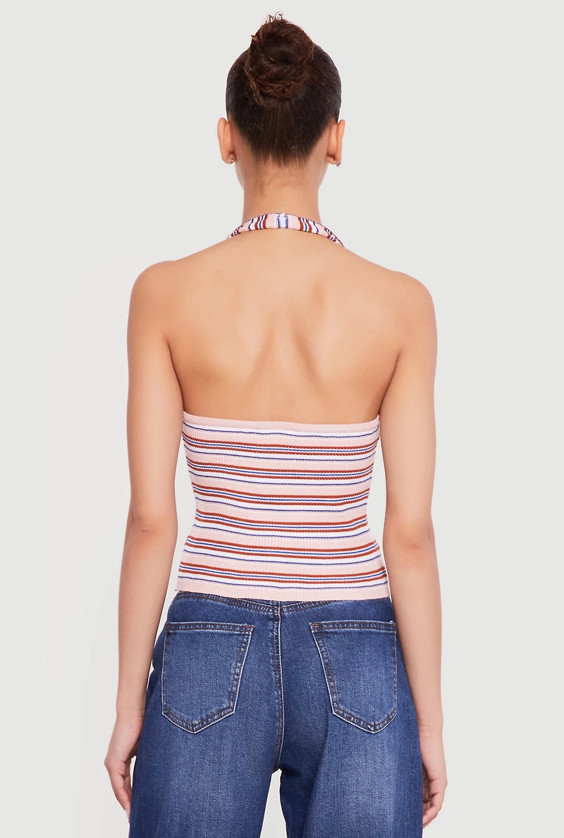Striped Rib Knit Button Front Halter Top