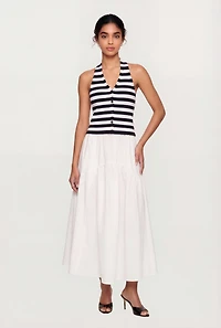 Ribbed Knit Striped Button Front Halter Top