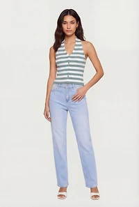 Ribbed Knit Striped Button Front Halter Top