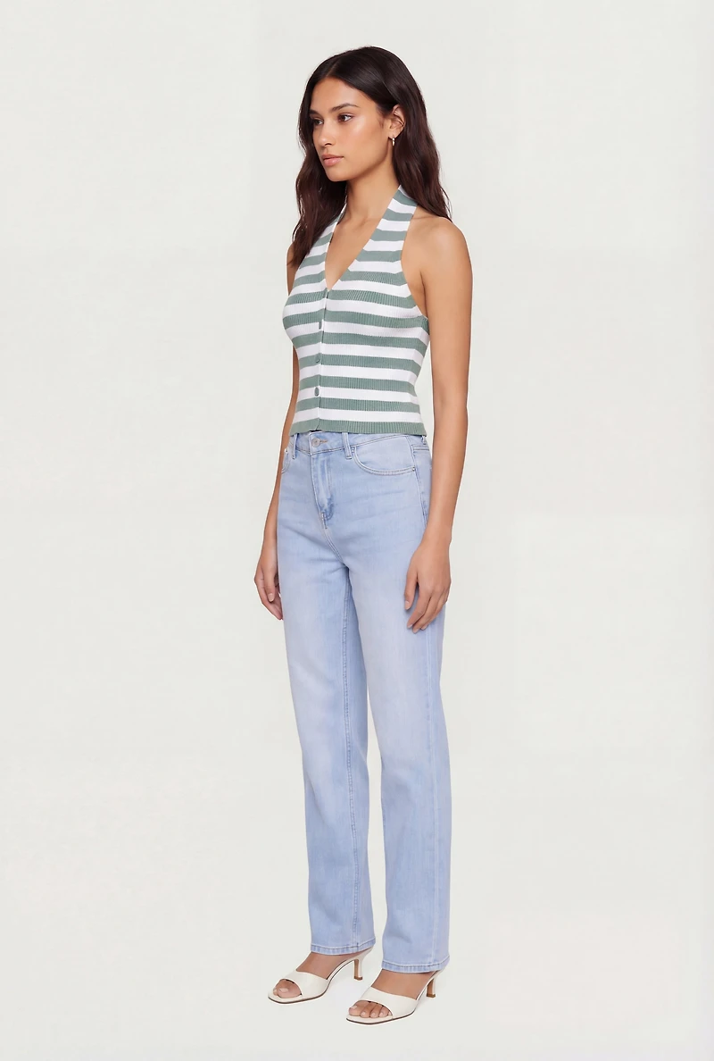 Ribbed Knit Striped Button Front Halter Top
