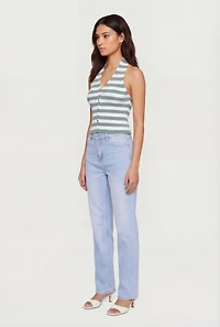 Ribbed Knit Striped Button Front Halter Top