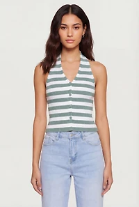 Ribbed Knit Striped Button Front Halter Top