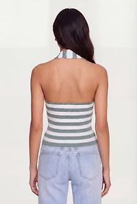 Ribbed Knit Striped Button Front Halter Top