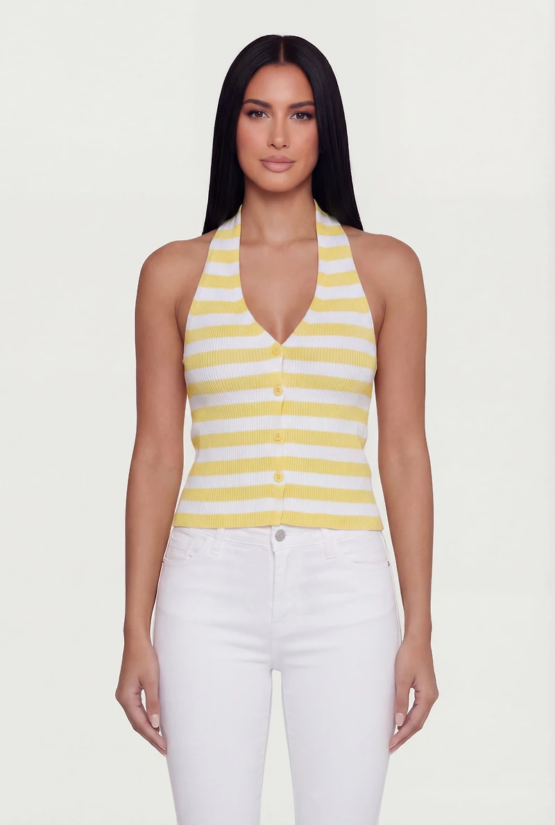 Ribbed Knit Striped Button Front Halter Top