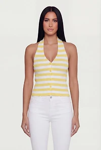 Ribbed Knit Striped Button Front Halter Top