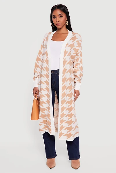 Houndstooth Open Front Long Cardigan