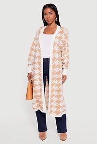 Houndstooth Open Front Long Cardigan