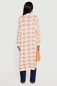 Houndstooth Open Front Long Cardigan