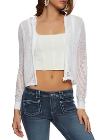Womens Pointelle Zip Front Hoodie, White, Size L