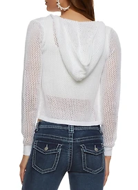 Womens Pointelle Zip Front Hoodie, White, Size L