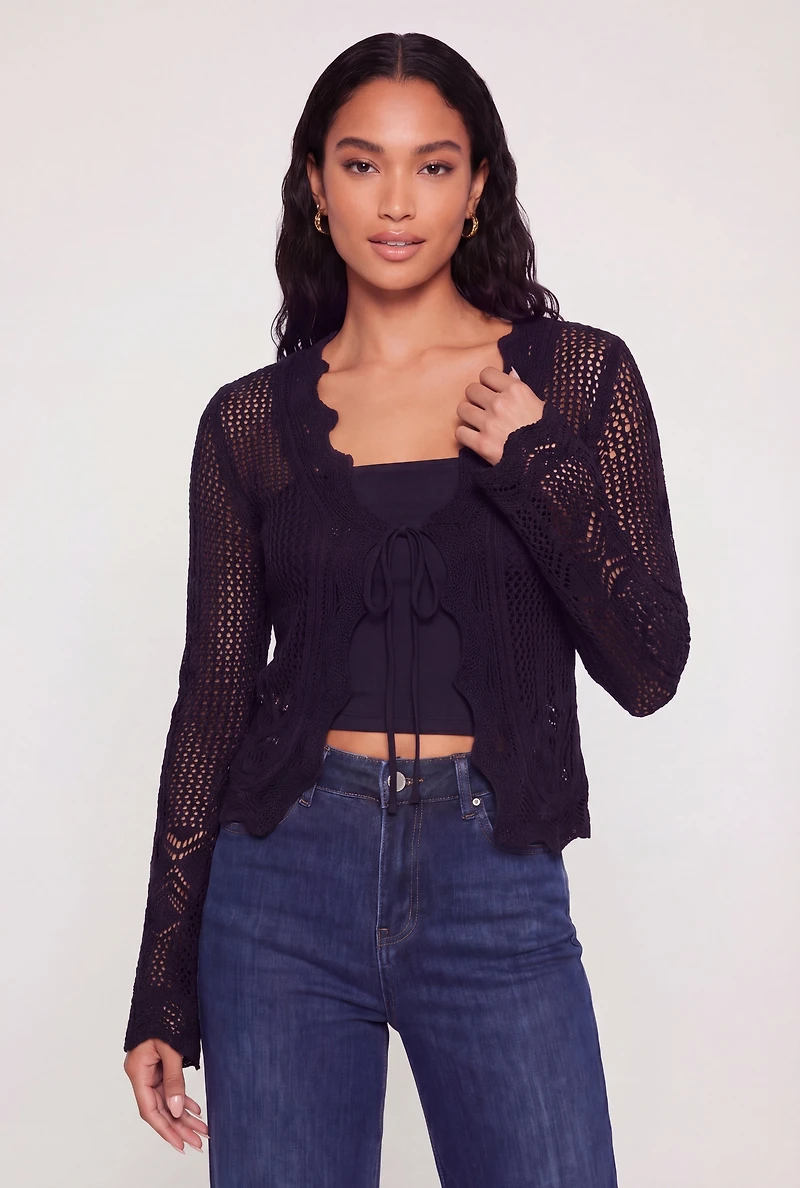 Crochet Tie Front Long Sleeve Cardigan