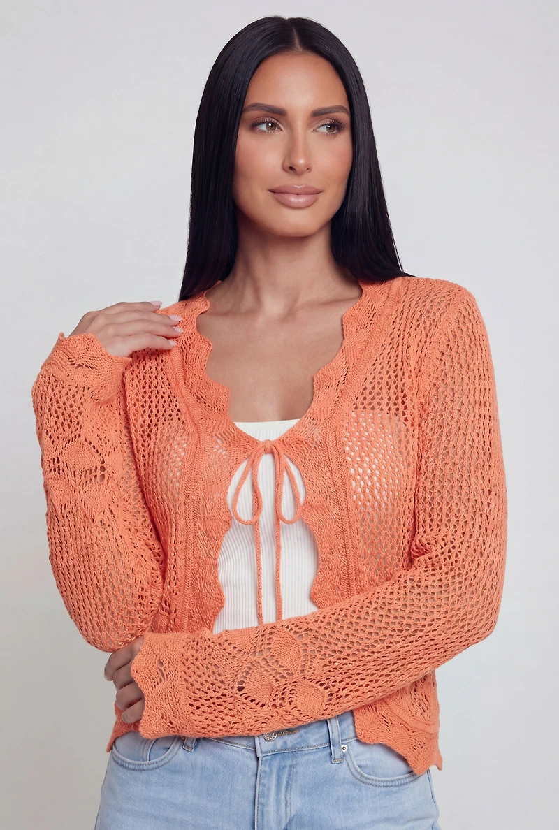 Crochet Tie Front Long Sleeve Cardigan