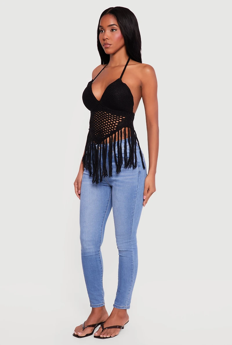 Crochet Tie Back Fringe Halter Top