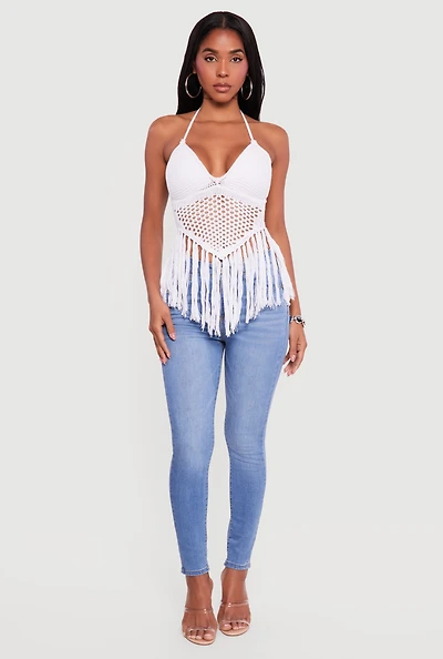 Crochet Tie Back Fringe Halter Top