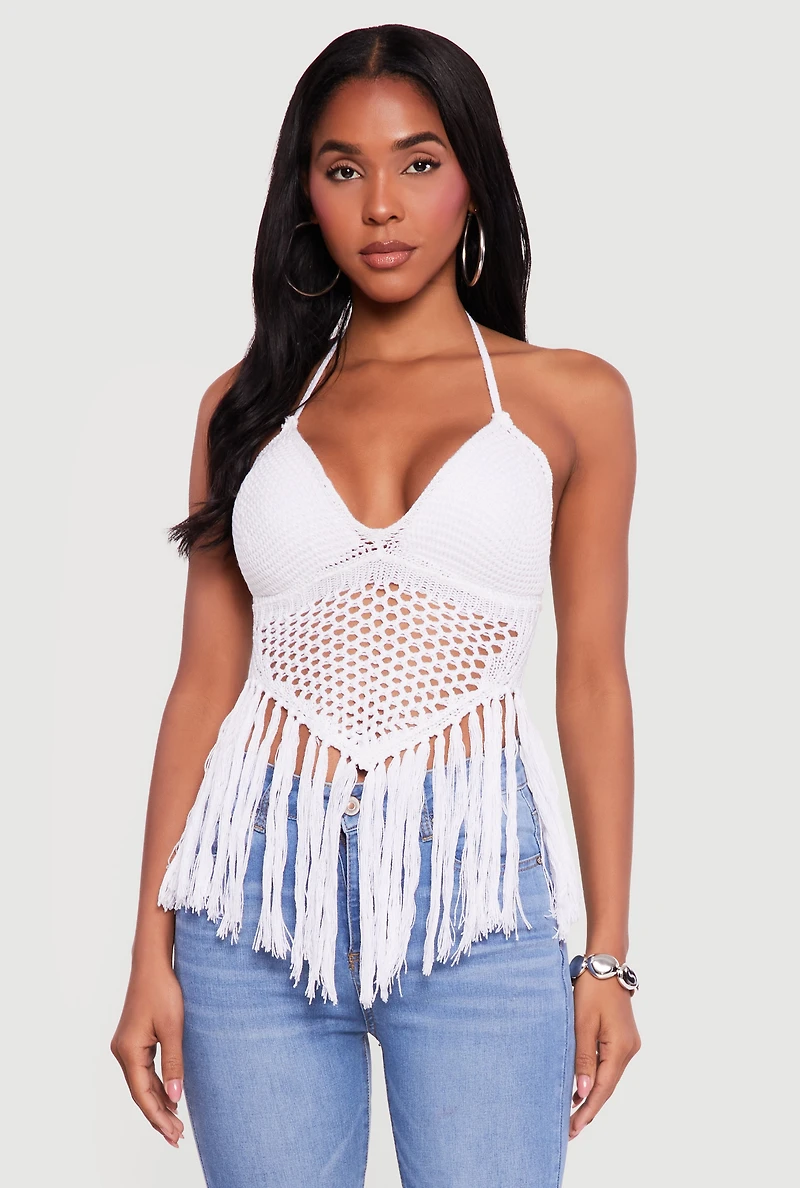 Crochet Tie Back Fringe Halter Top